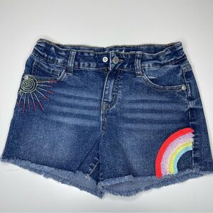 ❌SOLD❌Girls Cat & Jack Denim Jean Shorts Fringe Rainbow Detail Size LARGE 10/12